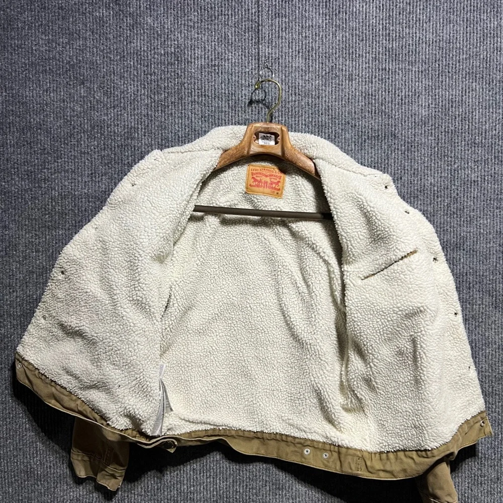 Levis Sherpa Lined Trucker Jacket Mens Medium Tan Khaki Canvas Workwear Coat